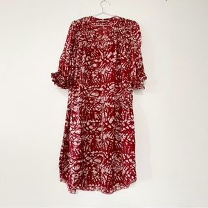 Ulla Johnson dress silk dark red and cream tie dye puff sleeve boho chic